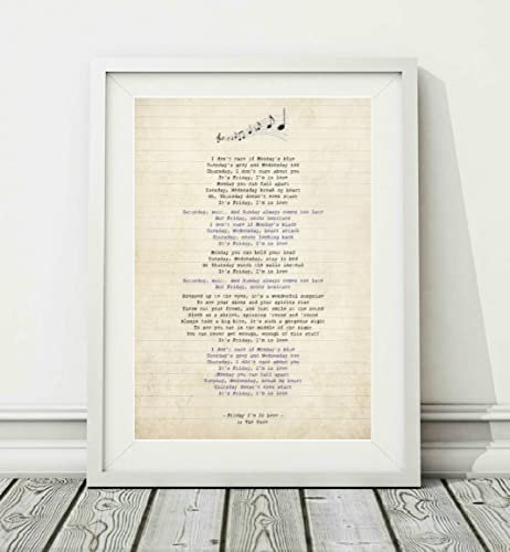 Kunstdruck mit Liedtext The Cure - Friday I'm In Love, ungerahmt, Größen A4 (29,7 x 21 cm) und A3 (42 x 29,7 cm) (A3)