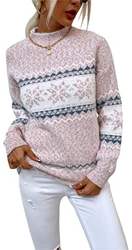 KANDEMY Pull De Noël Femme Motif Jacquard Flocons Tricot Chaud Doux Pull Noel Femme Manches Longues Style Nordique Hiver Décontracté Cadeau Fêtes Chic A2-Rose M