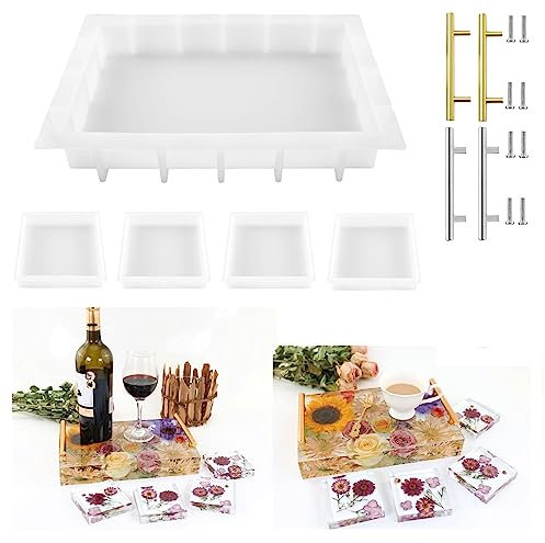 Resin Tray Molds Silicone, 13.5 Large Rectangle Deep Tray Mold and 4 Square Deep Coaster Molds, Silicone Board Table Mold With Handles, Floral Preservation Bouquet