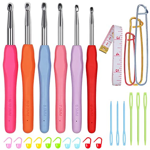 Aeeque Häkelnadel Groß Set mit BunteGummigriff, 6 Stück Metal Häkelnadel 6, 6,5, 7, 8, 9, 10,0 mm, Ergonomisch Häkelnadeln für Arthritis, Anfänger, Häkeln zum Kinder für Teppich, Schal