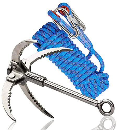 QUADPALM Grappling Hook with 10m Rope – Multifunctional Grapple Hook - 4 Stainless Steel Folding Claws - Outdoor Camping Hiking Climbing Equipment (Blue Rope)