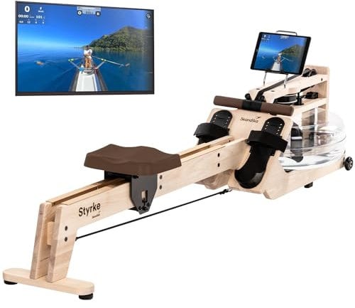 Skandika Wasserrudergerät Styrke Premium | Made in Germany, Rudergerät Wasser aus Holz, Kinomap App-Funktion, Rudermaschine für Zuhause, Massive Esche aus Deutschland, naturnahes Rudern, bis 180 kg