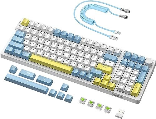 AJAZZ AK992 Wireless Hotswap Gaming Keyboard,Tri-Mode 2.4G/BT5.0/Wired,Custom USB C Coiled Cable,Programmable RGB,GASKET Mount,PBT Keycaps,Volume Knob,4000mAh Battery for PC/Mac/Win/PS4(Blue Switch)
