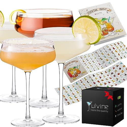 YULVINE Coupé-Gläser-Set, mundgeblasen, 340 ml, Kristall, großer Stiel, Martini-Gläser mit Cocktail-Guide, für Champagner, Riesen, Dessert, Bar, Cosmopolitan, Manhattan, Gimlet, Pisco Sour