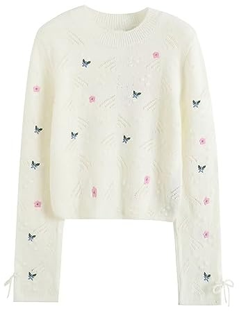 UIOKLMJH Women Floral Embroidery Crop Knit Sweater Vintage Long Sleeve with Tied Pullovers as Shown M