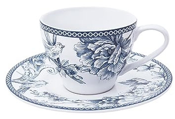 H&H Kensington Set 6 Tazze Tè, in Porcellana, Blu e Bianco, 240cc, con Piattino, Stile Inglese