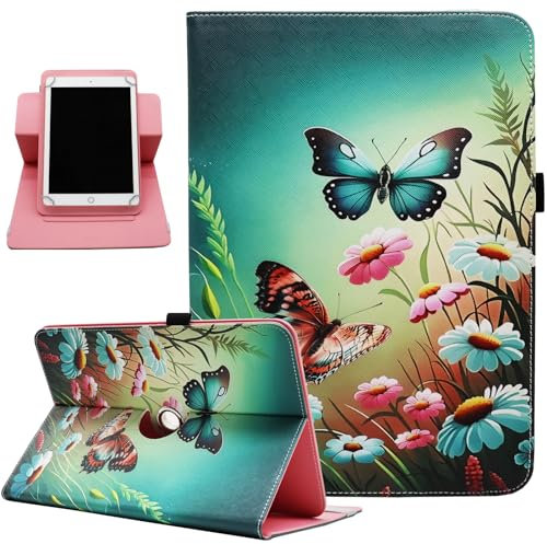 Dluggs - Funda universal para tableta Android de 10-10,1, piel sintética, soporte giratorio de 360° y múltiples ángulos de visión, para todas las tabletas de 9,5-10,5, diseño de flores y mariposas