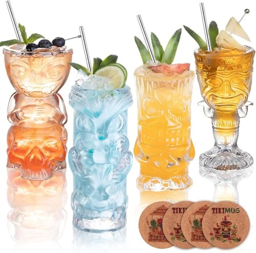 SUN GKOTTA Clear Tiki Glasses Set of 4 - Exotic Tropical Cocktail Glasses with Straws and Coasters,Hawaiian Style Tiki Mugs for cocktails,Mai Tai, Zombie and Pia Colada,Tiki Bar Drinkware.