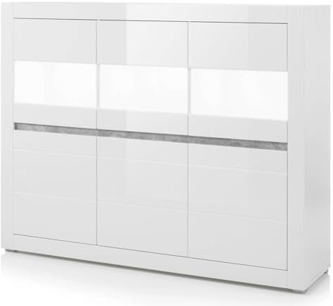 Highboard Kommode in weiß Hochglanz und grau Stone Design Wohnzimmerschrank Anrichte Vitrine 164 x 131 cm Nobile (Highboard)