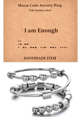 JewelryWe Angst Ring Damen Morsecode: Edelstahl Fidget Spinner Ringe Verstellbarer Zappelring Offene Spinning Ringe mit I am Enough Morse Code Perlen Frauen Anti Stress Stapelbare Zappeln Ringe