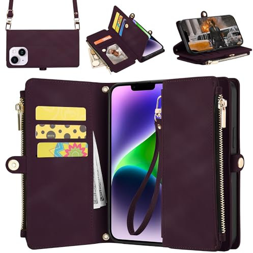 ELESNOW Wallet Case for iPhone 14 / iPhone 13 Case for Women, PU Leather with Card Holder Wrist Strap Crossbody Stand Magnetic Closure Flip Phone Case Cover for Apple iPhone 14/13, Deep Purple