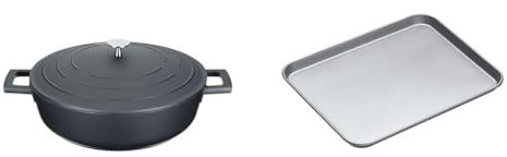 MasterClass Shallow Casserole Dish with Lid 4L/28 cm, Black & KitchenCraft KC2BK23 Large Baking Tray with Non Stick Coating, 38 x 30.5 cm, Silver