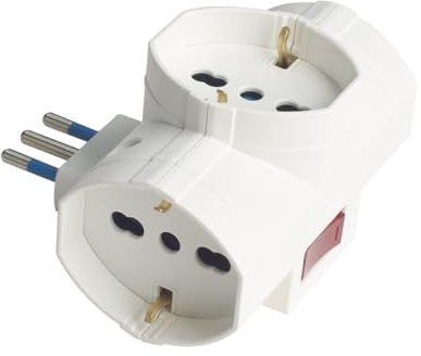 Adattatore Triplo Multiprese con Interruttore, Spina Piccolo 10A, 3 Prese Universali 10A/16A Schuko/Bipasso, Spina 90° Spessore 6.8cm (1 Pezzo)