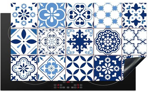 KitchenYeah© Protezione Piano Cottura Tappetino per Induzione 90x52 cm Cucina Proteggi Coprifornello Antiscivolo Mosaico - Blu - Motivo - Bianco