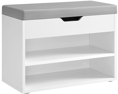 VASAGLE Shoe Bench with Cushion, Storage Bench with Padded Seat, Hallway Bench with 3 Compartments, 30 x 60 x 44 cm, for Bedroom, Living Room, Cloud White LHS020W02