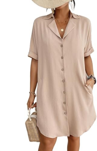 Bsubseach Swimsuit Coverup for Women Button Down Beach Bikini Swimwear Shirt Dress Short Sleeve Summer Beachwear Khaki M