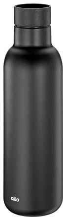 cilio Gourde isotherme Deluxe en acier inoxydable - Bouchon à 360° - Système à double paroi - Incassable et anti-fuite - 18 h chaud et 24 h froid - 450 ml - Hauteur : 23 cm - Noir