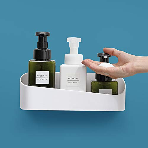 Minicoco Bathroom Shelf Adhesive Shower Caddy Basket Shower Rack Wall Mounted Organiser Shower Adhesive Shelf No Drilling Bath Storage Stick On Shelf Holder (White)