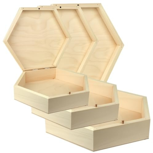 Wooden World – Sechseckige Aufbewahrungsbox aus Holz mit Verschluss – 3 in 1 – Klein, Mittel und Groß