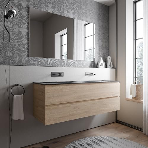 BERNSTEIN Badmöbel-Set Ava 140cm bestehend aus Mineralguss-Doppel-Waschbecken mit Unterschrank in Eiche honiggold, Waschtisch CREAM - Schwarz matt ohne Hahnloch, Ideal für große Bäder
