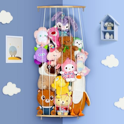 Teddy Storage,Wood Soft Toy Storage,Corner Teddy Bear Storage Hanging Shelves with Adjustable Length,Plush Cuddly Toy Storage Shelf,Stuffed Animal Storage for Living Room,Nursery,Bedroom,Playroom