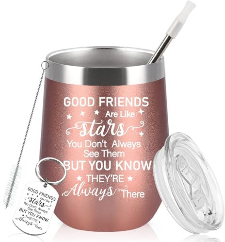 Diztoud Geschenke für Beste Freundin, Schwester Weihnachtsgeschenke, Geburtstag, Good Friends Are Like Stars, 12oz 350ml Doppelwandig Edelstahl Weinbecher mit Deckel und Strohhalm, Schlüsselanhänger