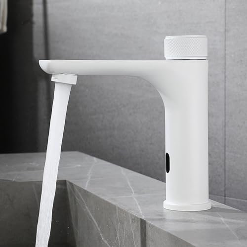 XUYOSDVQ Robinet de lavabo à capteur Infrarouge, poignée Unique, Salle de Bains, capteur Automatique sans Contact, Robinet mitigeur de lavabo d'eau Chaude et Froide en Acier Inoxydable, Blanc Made in