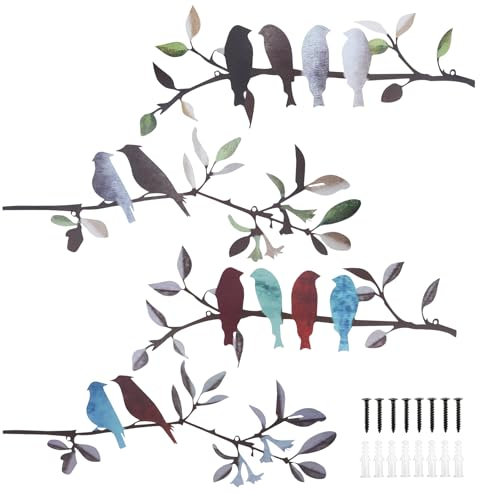 4 Stück Wanddekoration mit Vögeln aus Metall, Bilder für Draußen, Baumblatt geformte wandschmuck Schild, Outdoor Bilder Wetterfest für Wohnzimmer Garten Aussen Balkon Dekoration (40cm/15.7in)