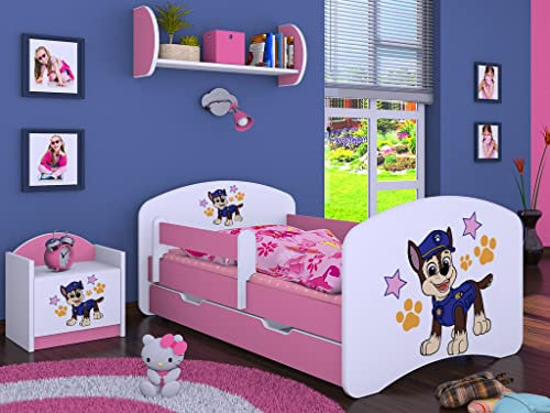 Happy Babies Kinderbett - mit Rausfallschutz Junge 140x70 Bett für Kinderzimmer mit Schublade & Matratze Einzelbett für Kinder Weiß/Blau Hundemotiv Police (Rosa)