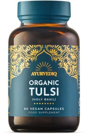 Ayurvediq Organic Tulsi Holy Basil 500mg, 60 Vegan Capsules | Ocimum Sanctum, Whole Leaf Powder, Soil Association Certified, Karnataka Grown, Amber Glass Bottle, No Fillers