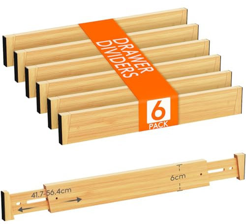 Lifewit 6er-Set Bambus Verstellbar Schubladentrenner, 6 cm hoch und 42-56 cm länge, Schublade Teiler, Schubladen Organizer für Küche/Kleiderschränke/Schreibtisch/Schminktisch