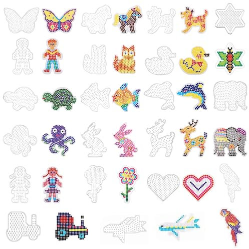 Zefphxs 20 Stück Bügelperlen Platten, 5mm Bügelperlen Schablonen Bügelperlen Formen, Transparente Bügelperlen Vorlagen mit 20 Stück Bunten Karten für Kinder Geschenk Jungs Mädchen