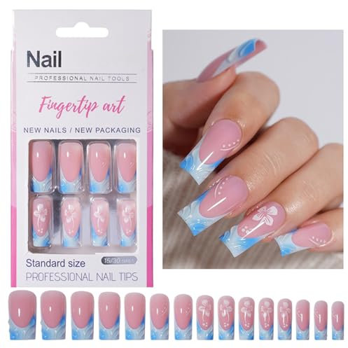 30 Stück Französisch Falsche Nägel - Blumenmuster Design Künstliche Fingernägel Zum Aufkleben - Soft Gel Press on Nails für Frauen - Acryl Klebe Nägel Quadrat Nail Art Manicure (French Blau)