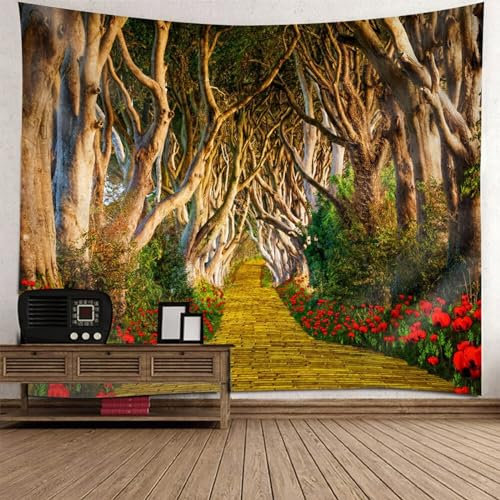 Tolldek Wandteppich Natur Landschaft 350 x 256 cm, Verwelkt Baum Blumen Pfad Wandtuch Braun Grün Rot Tapisserie Wandbehang Tapestry für Schlafzimmer