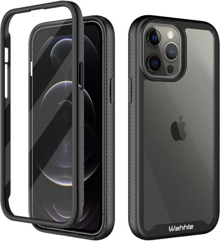 wahhle Compatible with iPhone 12 Pro Max Case, Built in Screen Protector Full Body Shockproof Slim Fit Bumper Protective Phone Cover 6.7'' Men Women-Black/Clear
