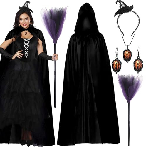 SummitEdge 6 PCS Witch Costume Adult Women, Witch Hat Headbands, Black Cape Black Cloak with Hood, Gothic Accessories, Witches Broom for Womens Ladies World Book Day Costumes