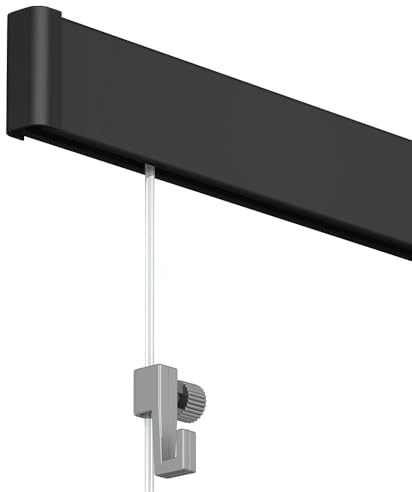 Artiteq Click Rail Pintura Sistema de suspensión, 600 cm - Negro - Juego completo con alambres, ganchos y material de fijación transparentes - 30 kg p/m Capacidad de carga