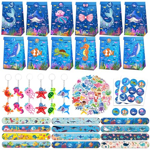 Eymobad 86 PCS Juego de Regalos para Fiestas Infantiles de Animales Marinos,con Llavero, Bolsas de Regalo, Pulseras, Pegatinas,Tema Mar Detalles Cumpleaños para Niños