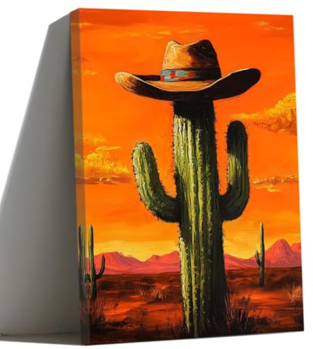 ZQQART Mexikanischer Kaktus gerahmtes Saguaro Bild mit Cowboyhut Gemälde Drucke Südwestliche Wüste Kunst Sukkulenten Boho Wohnzimmer Wanddekoration (orange,30x45cm)
