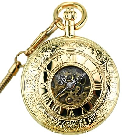 SAGELSHN Reloj de Bolsillo Unisex Caja de Cubierta Cobre Doble Vintage Fob Cadena Movimiento Dual Mecánico automático Cuerda automática Clásico Fiestas