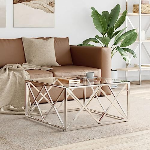 SooIarix Couchtisch 80x80x40 cm, Edelstahl & Glas, quadratisch, silberner Rahmen, moderner Beistelltisch für Wohnzimmer, langlebig & leicht zu reinigen