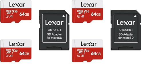 Lexar Carte Micro SD 64 Go Lot de 4 Cartes, Carte Mémoire Micro SD+ Adaptateur, Microsdxc Carte TF jusqu'à 100 Mo/s, A1, U3, C10, V30, Full HD et 4K UHD pour Caméra, Telephone, Switch