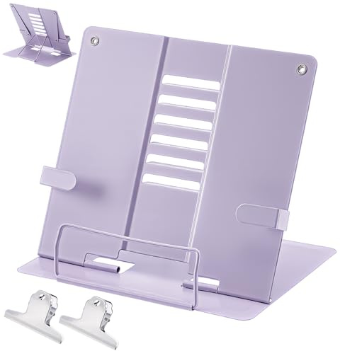 INTERWARM 2 support de Bureau en Métal avec Pinces Réglables Porte Documents Portable avec 2 pince Bulldog Porte Livres Pliable pour Livres de Recettes Manuels Scolaires Tablette et Livres (Violet)
