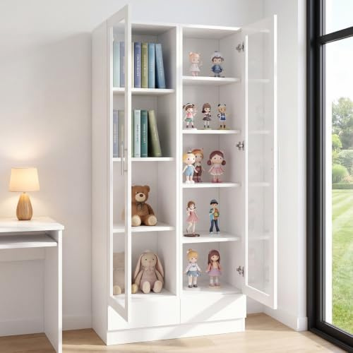 Glastürschrank mit 2 Schubladen, Figurenschrank, Weiß, 80 × 40 × 160 cm