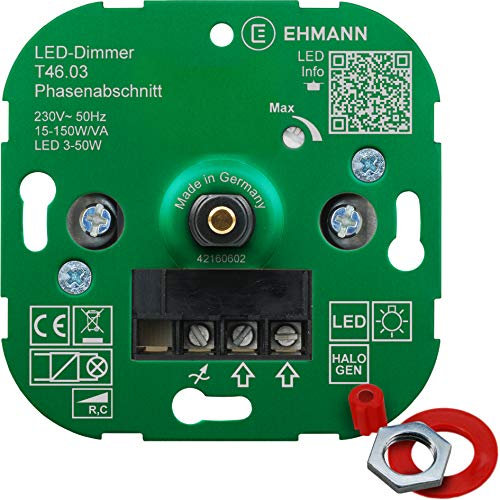 Ehmann 4600x0300 T46.03 Unterputz-Dimmer, Phasenabschnitt, 230 V, 50 Hz, Leistung: LED 3-50 W, 15-150 W/VA, inkl. Schalterprogramm-Adapter
