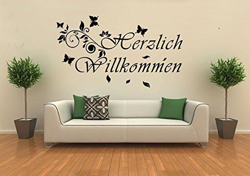 Wandtattoo wandaufkleber Aufkleber Wandsticker wall sticker Wohnzimmer Schlafzimmer Kinderzimmer 30 Farben zur Wahl Wandtext Wandwort Wandspruch spruch Zitat Willkommen ranke schmetterlinge wzt21(070 schwarz, Größe1:ca.60x24cm )