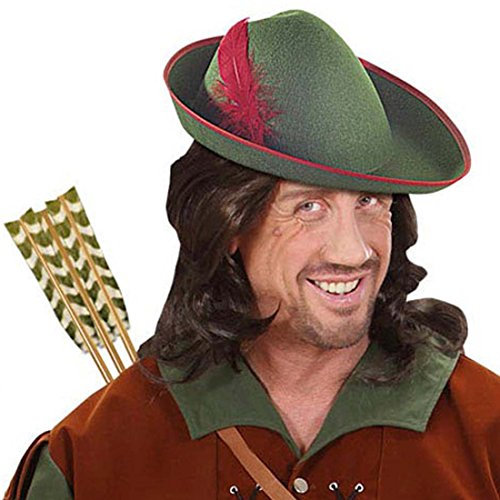 Amakando Robin Hood Hut König der Diebe Federhut Held in Strumpfhosen Spitzhut Bogenschütze Waldhut Försterhut Kappe Filzhut Mittelalter Helden Stoffhut Kopfbedeckung Karneval Kostüm Zubehör