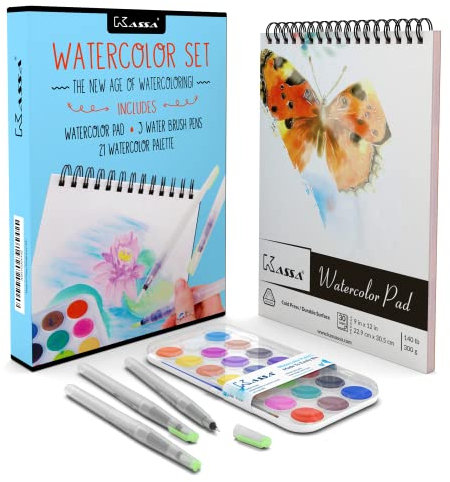 Kassa Watercolour Set - Includes Water Brush Pens (3 Assorted Sizes), Painting Pad (30 Sheets) & Paint Pan (21 Watercolors) - Watercolouring Art Supplies Kit for Beginners & Artists
