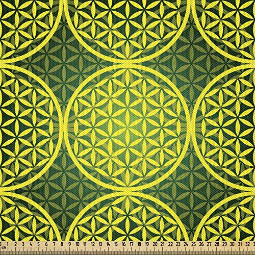 ABAKUHAUS Modern Stoff als Meterware, Lebendige Blume des Lebens, Seidiger Satin Stoff für Polster Heimtextilien, 1M (148x100cm), Jägergrün Gelb