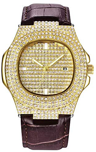 Montre de Luxe pour Hommes Bling Bling Bijoux de Mode Cristal Diamant Strass Dames Montres Bracelet en Acier Bracelet Montre Ronde Bracelet Hip Hop Monogramme pour Hommes